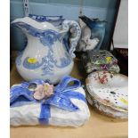 Household ornaments, blue and white jug, oriental style serving plates and bowls, soap dish, studio