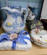 Household ornaments, blue and white jug, oriental style serving plates and bowls, soap dish, studio