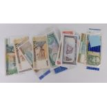 A group of banknotes, comprising Middle Eastern five hundred rupees, Bank of Central Peru one thousa