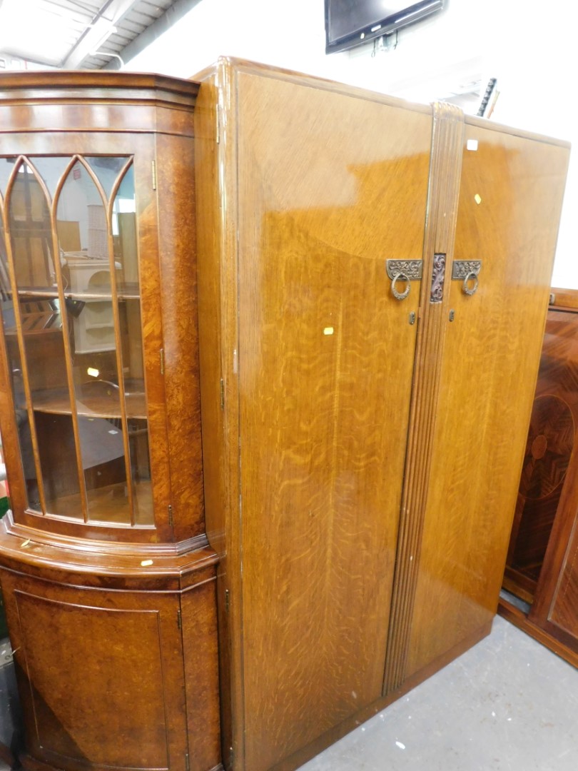 A walnut double wardrobe, corner display cabinet, and a drop leaf table. (3)