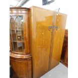 A walnut double wardrobe, corner display cabinet, and a drop leaf table. (3)