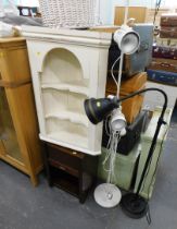 A stained pine corner shelf, sewing box, and two lamps. (4)