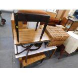 A wicker basket, melamine topped table, reproduction side table, piano stool, etc. (6)