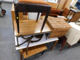 A wicker basket, melamine topped table, reproduction side table, piano stool, etc. (6)
