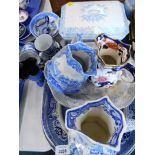 Blue and white graduated meat plate, jugs, mason jug, tureen and cover, cups and saucers, etc. (a qu