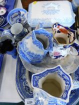 Blue and white graduated meat plate, jugs, mason jug, tureen and cover, cups and saucers, etc. (a qu