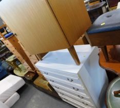 A Chippy telephone table, two pine five drawer chests, blackened plant stand, stool, white chest, an