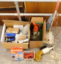 Various tools, claps, vintage Hoover vacuum, screws, cabling, Drill Master parts, etc. (2 boxes and