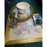 Household wares, comprising After Louise Rayner city print, gilt framed oval wall mirror, chamber po