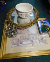 Household wares, comprising After Louise Rayner city print, gilt framed oval wall mirror, chamber po