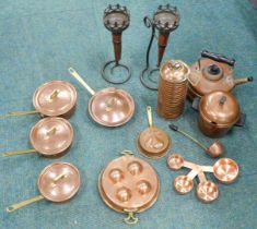 Copper and brass wares, comprising saucepans, warmer, candle stands, etc. (1 box)