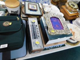 Household wares, clocks, place mats, letterer 32 cased typewriter, Roberts radio, empty photograph f