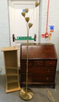 A Tiffany style standard lamp, mahogany Stag bureau, and a modern CD rack. (3)