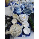 Blue and white part teawares, teapot, three tier cake stand, Locks of Scotland teapot, Yuan Woods an