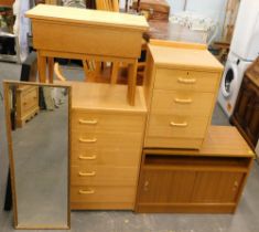 Assorted bedroom furniture, chest of drawers, bedside table, black wall shelf, gilt mirror, sewing b