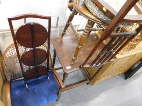 A mahogany side table, with barley twist columns, three side chairs, and a three tier plant stand. (