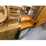 Three wicker child's chairs, carved sideboard, pine office desk, mirror, metal corner unit, oak maga