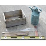 A galvanised watering can, timber basket, spirit level, etc. (1 box)