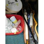 Household effects, Brights of Bournemouth hat box, part teawares, walking sticks, umbrellas, etc. (2