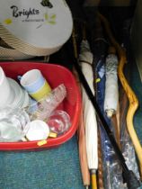 Household effects, Brights of Bournemouth hat box, part teawares, walking sticks, umbrellas, etc. (2