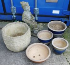 Assorted garden pots, comprising glazed examples, octagonal flower basket and man on a tractor. (6)