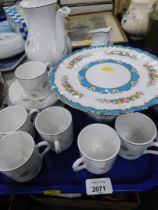 A Mayfair part tea service, and a turquoise blue cake plate. (1 tray)