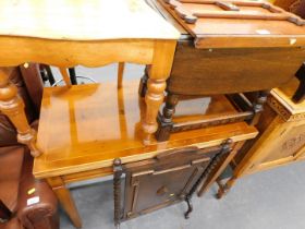 A group of assorted furniture, comprising a mahogany book stand, drop leaf table, oak fire screen, m