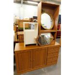 Assorted furniture, comprising two mirrors, sideboard and a bookcase and bedside cabinet. (5)