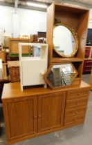 Assorted furniture, comprising two mirrors, sideboard and a bookcase and bedside cabinet. (5)