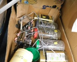 Tools, screws, nuts and bolts, peg clips, ashtrays, etc. (1 box)