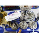 Two silver plated weighted candlesticks, serving trays, ornamental donkey, magnifying glass, mantel