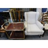 Assorted furniture, comprising dining chairs, armchair, gilt framed mirror, two tier trolley, two ca