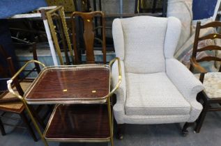 Assorted furniture, comprising dining chairs, armchair, gilt framed mirror, two tier trolley, two ca