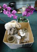 Glass storage jars, faux fur, oil lamp, brass bell, tulip planter, etc. (1 box and 1 item)