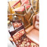 A pair of mahogany hall chairs, each with upholstered seat, a mahogany barbers chair, with drop in s