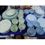A Johnson Brothers green part service, a blue part dinner service, etc. (2 trays)
