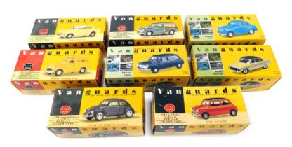 Eight boxed Vanguards models, comprising yellow Anglia, Automobile Association, almond Rover 3500 V8