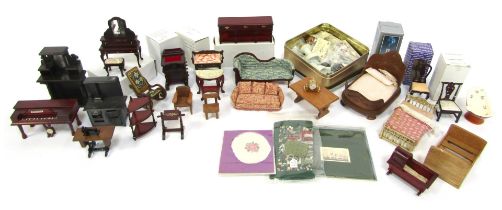 Dolls house furniture, to include mahogany effect pianola, rocking chairs, sofas, chaise longue, sto