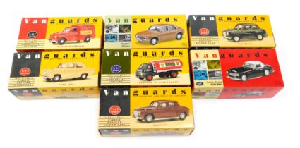 Seven diecast Vanguard models, 1:43 scale, comprising Royal Mail, Conway yellow 100E, maroon Rover,