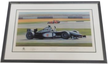 After Gerald Coulson. Coulthard's Finest Moment, artist signed print of David Coulthard, British Gra