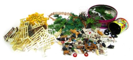 Britains animals and scenery items, including horse jumps, hay bales, five bar gates, hedgerow piece