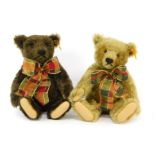 Two Steiff mohair Teddy bears, in brown and caramel colouring, each with a tartan bow necklace, numb