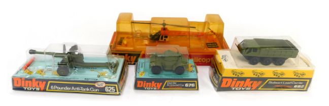Dinky Toys diecast military vehicles, including Dinky 676 Daimler armoured car, 625 six pound anti t