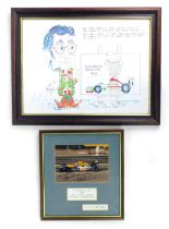 Motor racing framed pictures, comprising caricature of Eddie Jordan signed by Eddie Jordan and a per