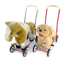Two plush push-a-long walkers, modelled as a pony and a Labrador puppy, each 60cm high.