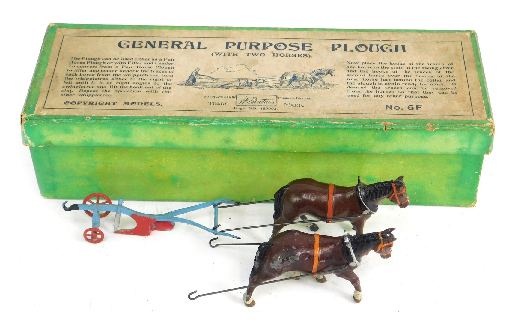 A Britain's general purpose plough with two horses, No 6F, boxed.