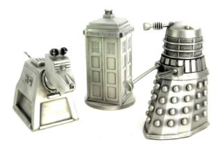 Three Danbury Mint Doctor Who pewter models, comprising The Tardis, K9, and a Dalek. (3)