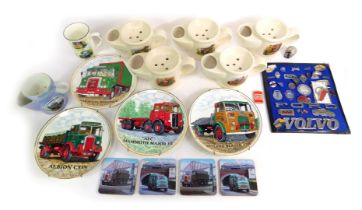 Transport related items, including Wade shaving mugs of steam engines, various badges including Merc