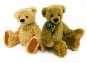 Two Old Bexley Bears by Rosita Lynn mohair bears, named Baby Barley and Ross, each with bell and rib