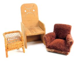 A miniature 1950s club chair, a rattan miniature chair and a miniature throne. (3)